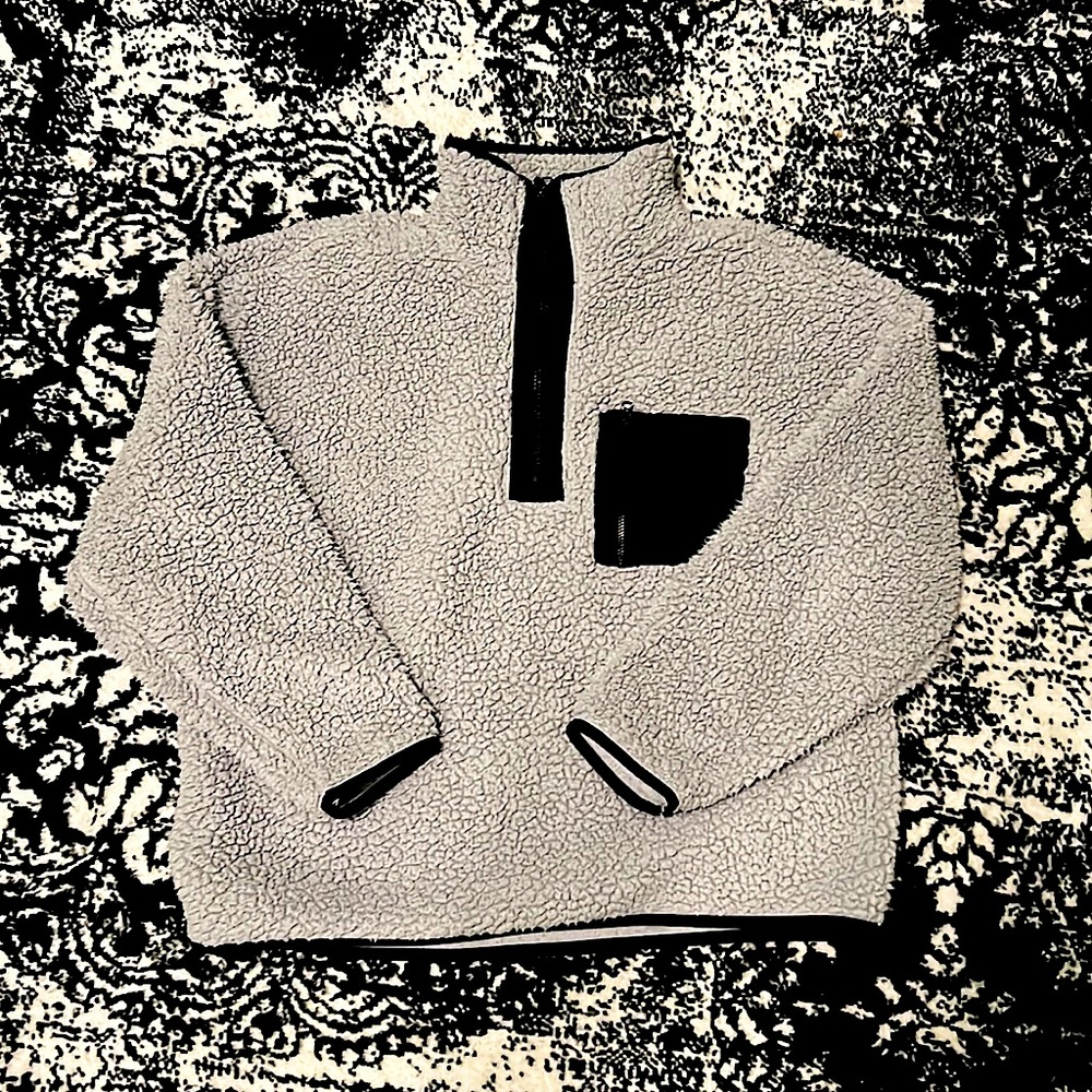 LOFT Gray and Black Fleece Jacket, Size M.
